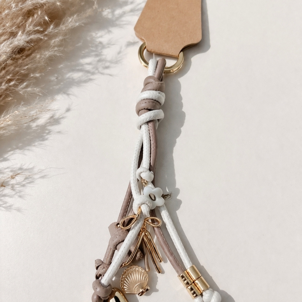 Leather Tassel Keychain with Gold Charms - White & Taupe